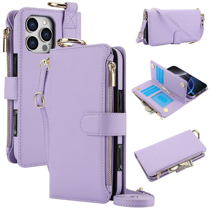 For iPhone 16 Pro Crossbody Ring Multifunctional Wallet Leather Phone Case(Purple) - More iPhone Cases by buy2fix | Online Shopping UK | buy2fix