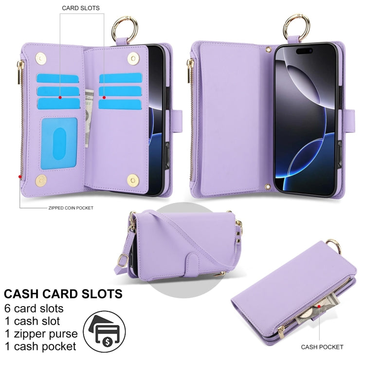 For iPhone 16 Pro Crossbody Ring Multifunctional Wallet Leather Phone Case(Purple) - More iPhone Cases by buy2fix | Online Shopping UK | buy2fix