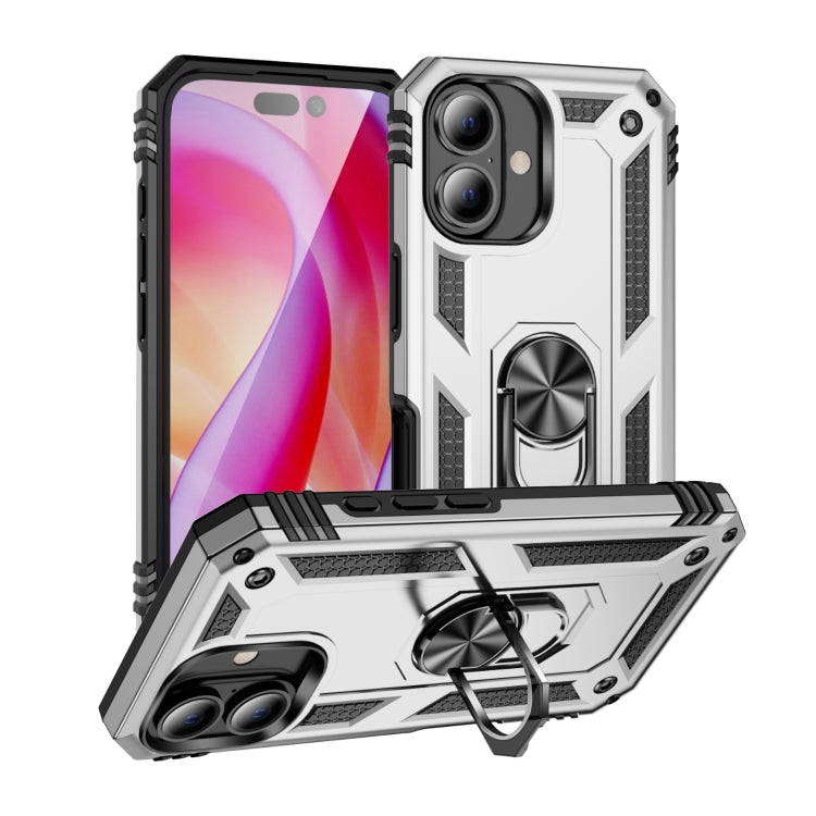 For iPhone 16 Shockproof TPU Hybrid PC Phone Case with Holder(Silver) - iPhone 16 Cases by buy2fix | Online Shopping UK | buy2fix