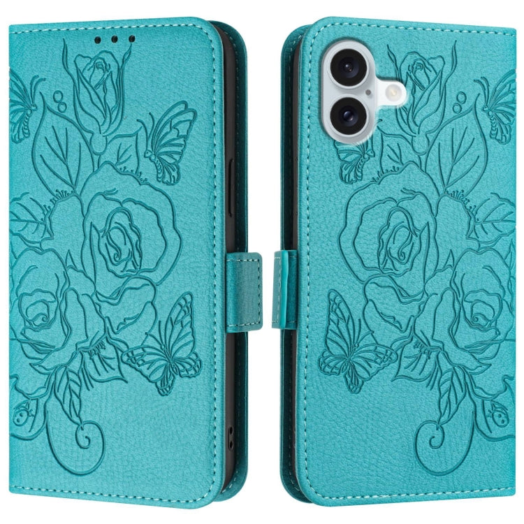 For iPhone 16 Plus Embossed Rose RFID Anti-theft Leather Phone Case(Light Blue) - iPhone 16 Plus Cases by buy2fix | Online Shopping UK | buy2fix