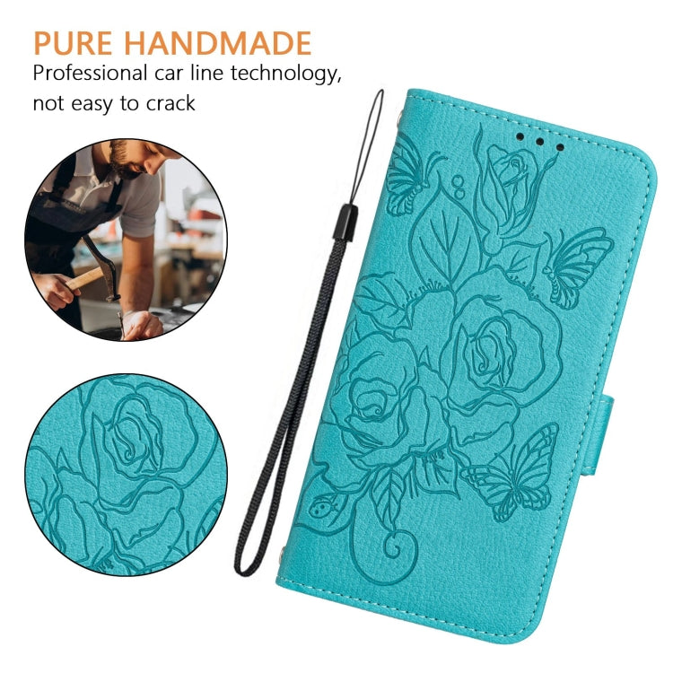 For Samsung Galaxy S25 5G Embossed Rose RFID Anti-theft Leather Phone Case(Light Blue) - Galaxy S25 5G Cases by buy2fix | Online Shopping UK | buy2fix