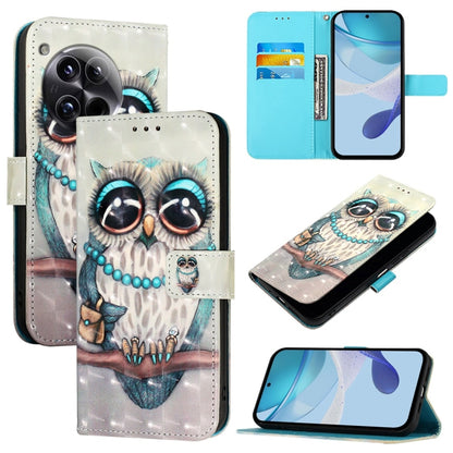 For OnePlus 12 Global 3D Painting Horizontal Flip Leather Phone Case(Grey Owl) - OnePlus Cases by buy2fix | Online Shopping UK | buy2fix