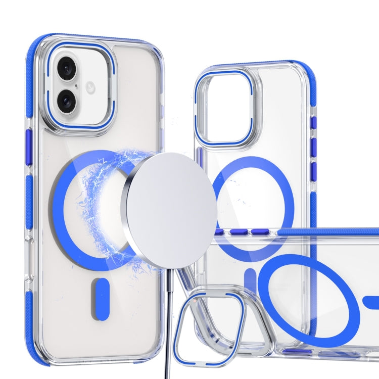 For iPhone 16 Dual-Color Clear Acrylic Hybrid TPU Lens Flip Holder MagSafe Phone Case(Blue) - iPhone 16 Cases by buy2fix | Online Shopping UK | buy2fix