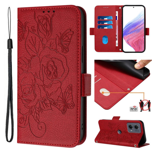 For Motorola Edge 5G 2024 Embossed Rose RFID Anti-theft Leather Phone Case(Red) - Motorola Cases by buy2fix | Online Shopping UK | buy2fix