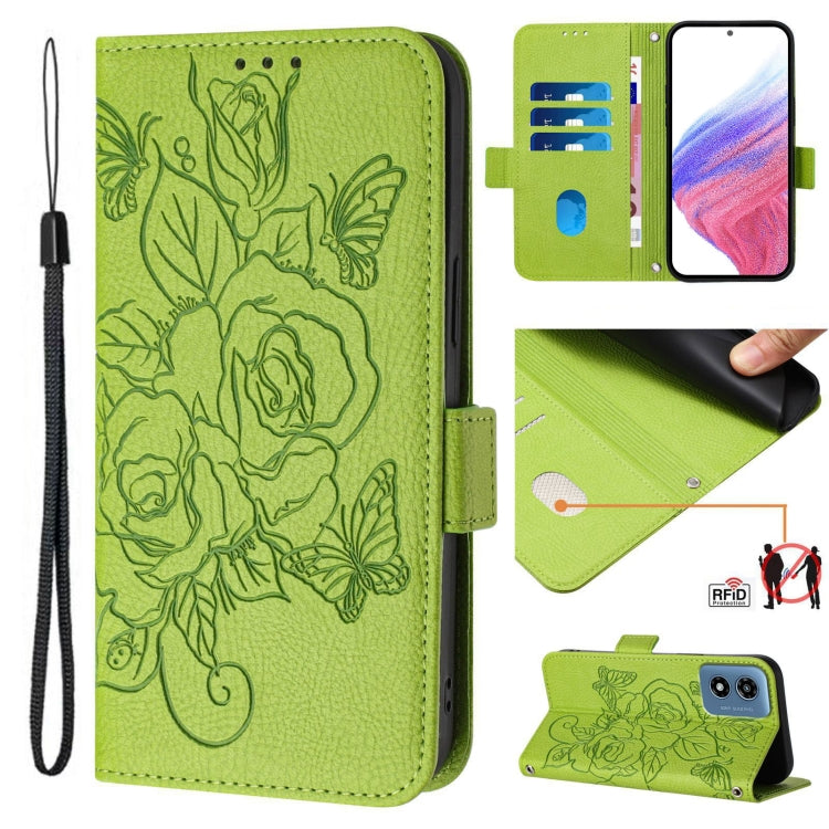 For Motorola Moto G Play 5G / G 5G 2024 Embossed Rose RFID Anti-theft Leather Phone Case(Green) - Motorola Cases by buy2fix | Online Shopping UK | buy2fix