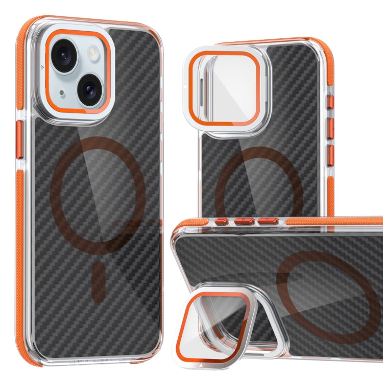 For iPhone 15 Magsafe Dual-Color Carbon Fiber Lens Film Phone Case with Lens Fold Holder(Orange) - iPhone 15 Cases by buy2fix | Online Shopping UK | buy2fix