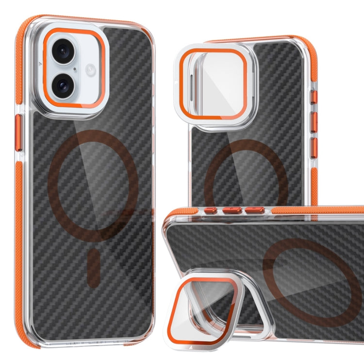 For iPhone 16 Plus Magsafe Dual-Color Carbon Fiber Lens Film Phone Case with Lens Fold Holder(Orange) - iPhone 16 Plus Cases by buy2fix | Online Shopping UK | buy2fix