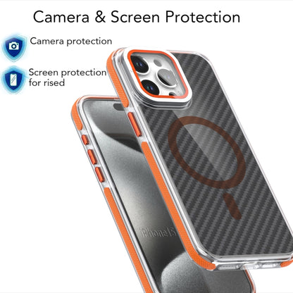 For iPhone 15 Magsafe Dual-Color Carbon Fiber Lens Film Phone Case with Lens Fold Holder(Orange) - iPhone 15 Cases by buy2fix | Online Shopping UK | buy2fix