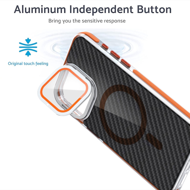 For iPhone 15 Magsafe Dual-Color Carbon Fiber Lens Film Phone Case with Lens Fold Holder(Orange) - iPhone 15 Cases by buy2fix | Online Shopping UK | buy2fix