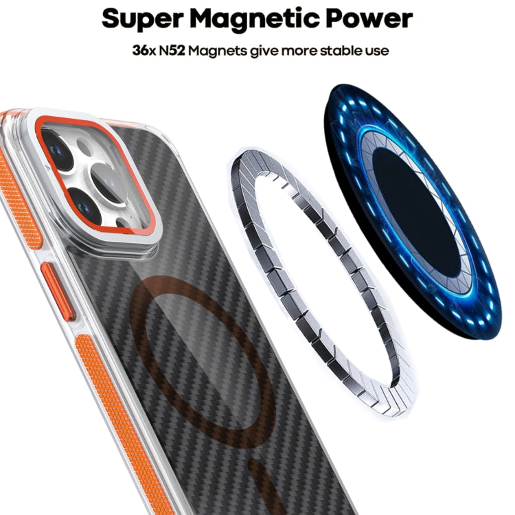 For iPhone 15 Magsafe Dual-Color Carbon Fiber Lens Film Phone Case with Lens Fold Holder(Orange) - iPhone 15 Cases by buy2fix | Online Shopping UK | buy2fix