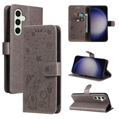 For Samsung Galaxy S25 / S24 5G Cat and Bee Embossed Flip Leather Phone Case(Grey) - Galaxy S25 5G Cases by buy2fix | Online Shopping UK | buy2fix