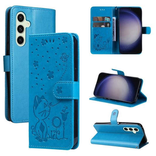 For Samsung Galaxy S25 / S24 5G Cat and Bee Embossed Flip Leather Phone Case(Blue) - Galaxy S25 5G Cases by buy2fix | Online Shopping UK | buy2fix