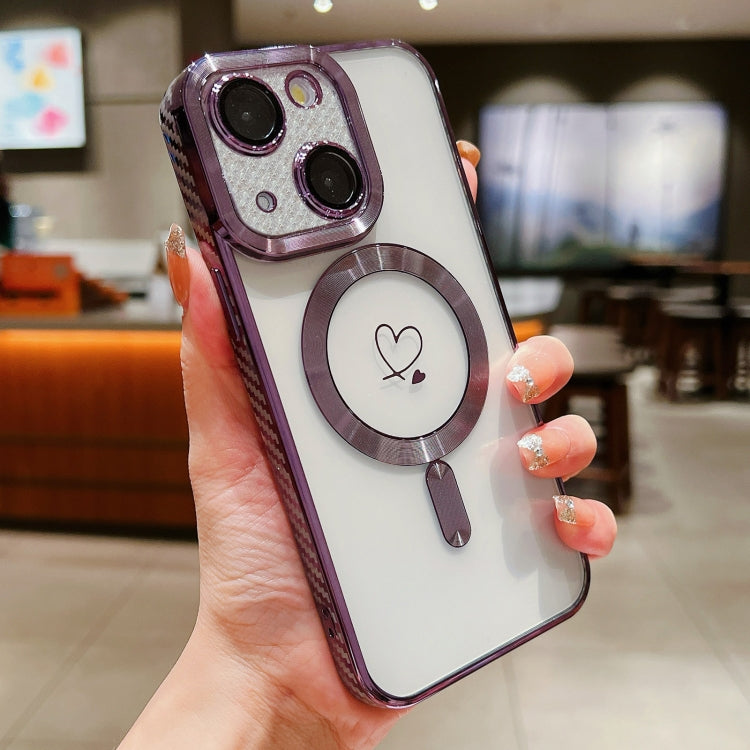 For iPhone 13 Loves Carbon Fiber Clear Plated Magsafe TPU Phone Case(Purple) - iPhone 13 Cases by buy2fix | Online Shopping UK | buy2fix