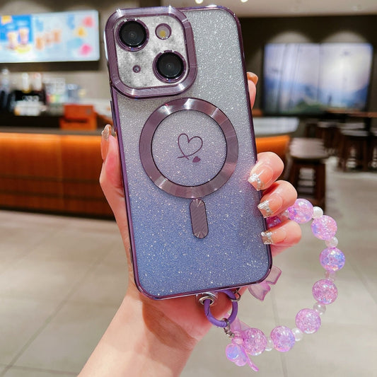 For iPhone 14 Loves Gradient Glitter Bracelets Carbon Fiber Magsafe TPU Phone Case(Purple) - iPhone 14 Cases by buy2fix | Online Shopping UK | buy2fix