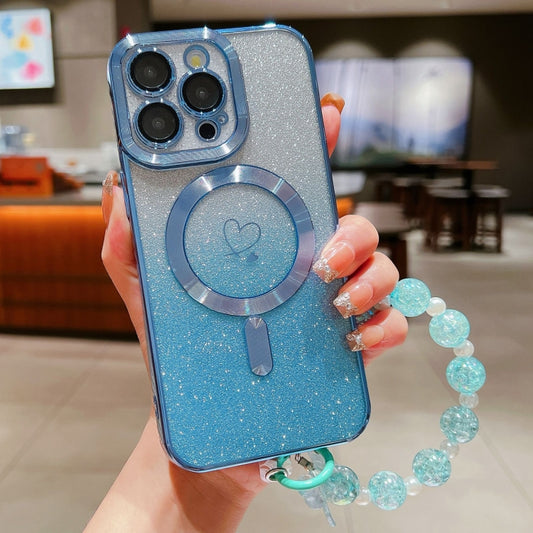 For iPhone 14 Pro Loves Gradient Glitter Bracelets Carbon Fiber Magsafe TPU Phone Case(Blue) - iPhone 14 Pro Cases by buy2fix | Online Shopping UK | buy2fix