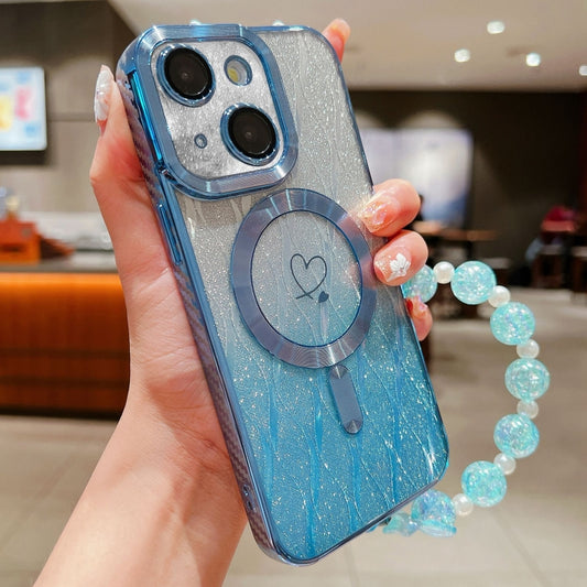 For iPhone 14 Loves Leaves Gradient Glitter Bracelets Carbon Fiber Magsafe TPU Phone Case(Blue) - iPhone 14 Cases by buy2fix | Online Shopping UK | buy2fix