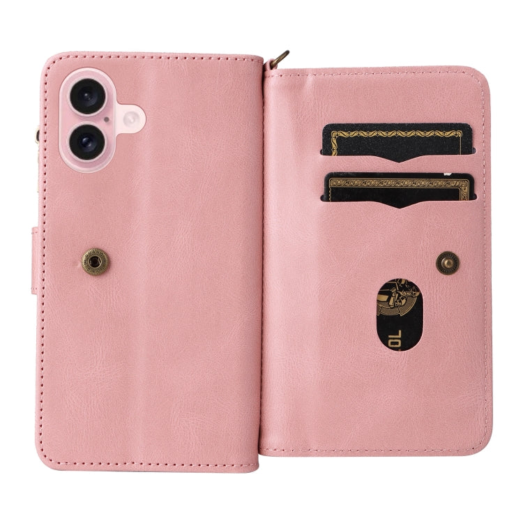 For iPhone 16 Skin Feel Multi Card Slots Zipper Wallet Leather Phone Case(Pink) - iPhone 16 Cases by buy2fix | Online Shopping UK | buy2fix