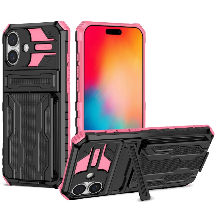 For iPhone 16 Plus Kickstand Armor Card Wallet Phone Case(Pink) - iPhone 16 Plus Cases by buy2fix | Online Shopping UK | buy2fix