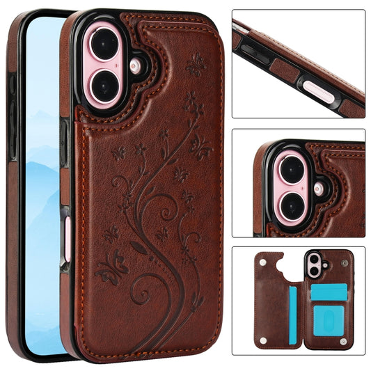 For iPhone 16 Plus Double Buckle Butterfly Embossing PU Phone Case(Brown) - iPhone 16 Plus Cases by buy2fix | Online Shopping UK | buy2fix