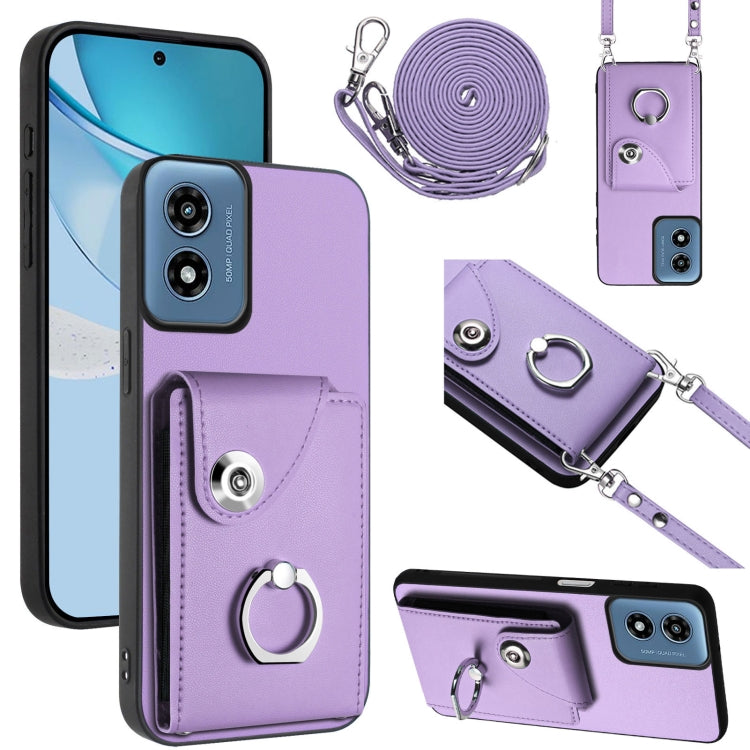 For Motorola Moto G Play 2024 5G Organ Card Bag Ring Holder Phone Case with Long Lanyard(Purple) - Motorola Cases by buy2fix | Online Shopping UK | buy2fix