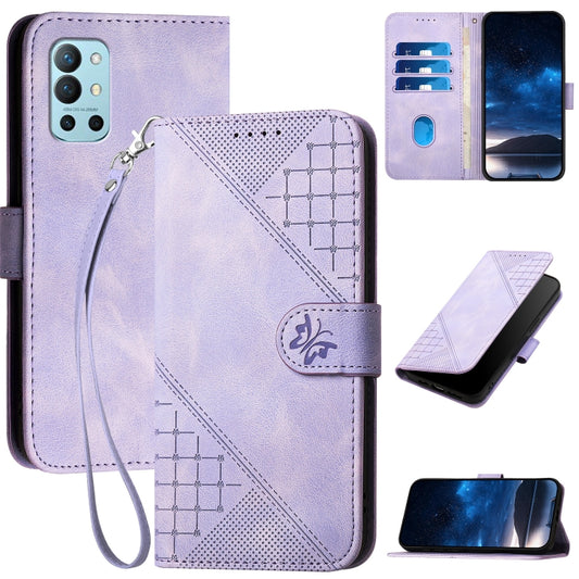 For OnePlus 11 YX0080 Grid Butterfly Embossed Pattern Flip Leather Phone Case with Lanyard(Light Purple) - OnePlus Cases by buy2fix | Online Shopping UK | buy2fix