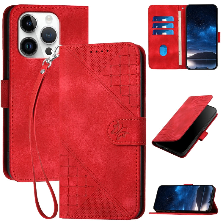 For iPhone 16 Pro YX0080 Grid Butterfly Embossed Pattern Flip Leather Phone Case with Lanyard(Red) - iPhone 16 Pro Cases by buy2fix | Online Shopping UK | buy2fix