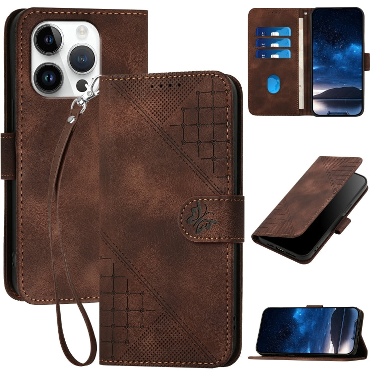 For iPhone 16 Pro YX0080 Grid Butterfly Embossed Pattern Flip Leather Phone Case with Lanyard(Coffee) - iPhone 16 Pro Cases by buy2fix | Online Shopping UK | buy2fix