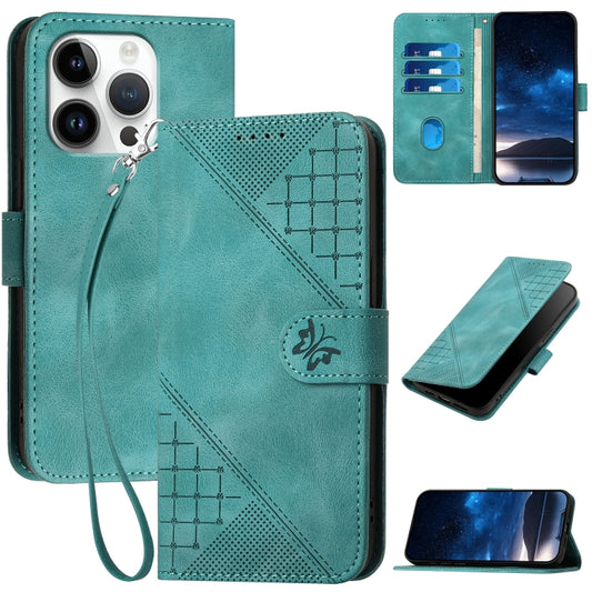 For iPhone 16 Pro YX0080 Grid Butterfly Embossed Pattern Flip Leather Phone Case with Lanyard(Light Blue) - iPhone 16 Pro Cases by buy2fix | Online Shopping UK | buy2fix