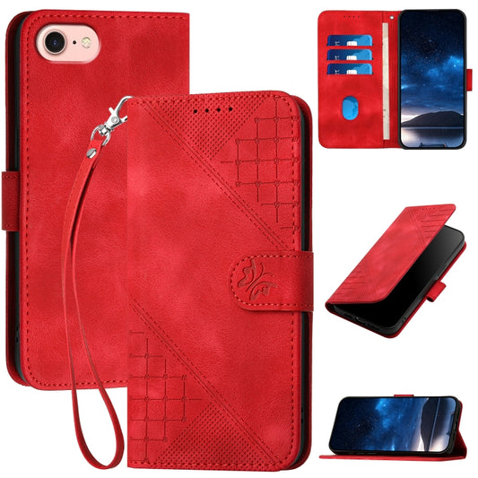 For iPhone SE 2024 YX0080 Grid Butterfly Embossed Pattern Flip Leather Phone Case with Lanyard(Red) - More iPhone Cases by buy2fix | Online Shopping UK | buy2fix