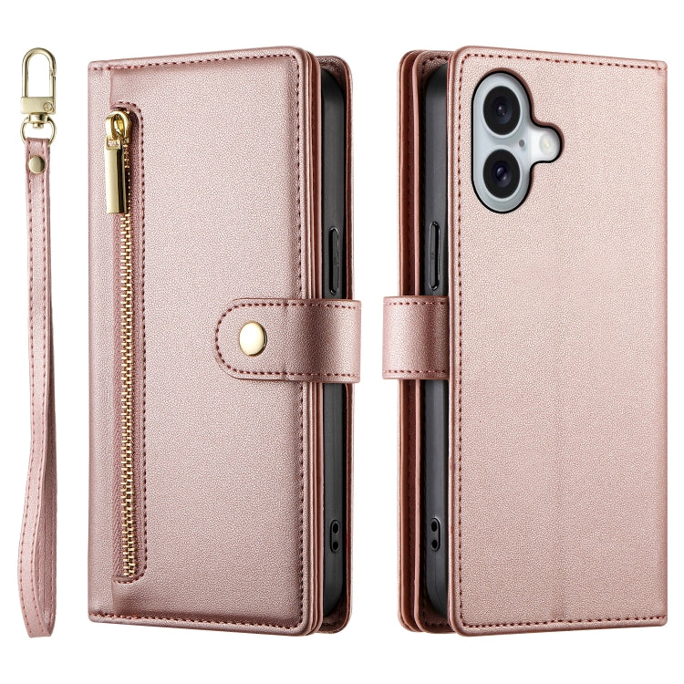 For iPhone 16 Plus Nine Card-slot Zipper Wallet Bag Leather Phone Case(Pink) - iPhone 16 Plus Cases by buy2fix | Online Shopping UK | buy2fix