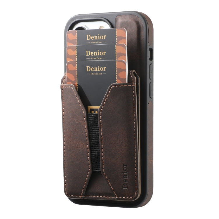 For iPhone 15 Pro Max Denior D18 Skin Feel Rotating Holder MagSafe Detachable Card Slot Phone Case(Brown) - iPhone 15 Pro Max Cases by Denior | Online Shopping UK | buy2fix