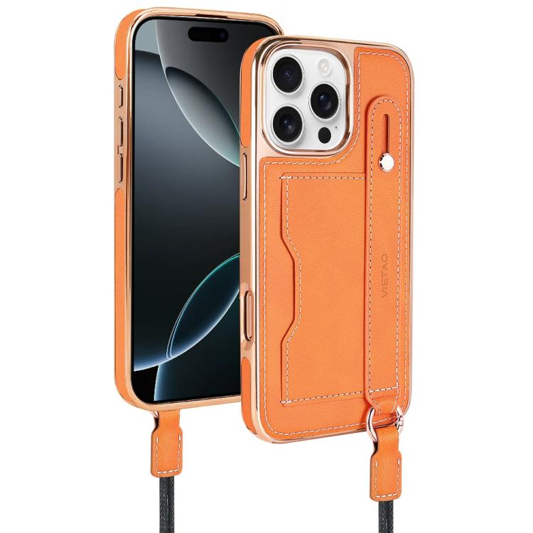 For iPhone 16 Pro VIETAO Card Slot Wristband Phone Case with Lanyard(Orange) - iPhone 16 Pro Cases by VIETAO | Online Shopping UK | buy2fix