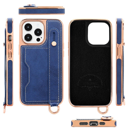 For iPhone 16 Plus VIETAO Card Slot Wristband Phone Case with Lanyard(Blue) - iPhone 16 Plus Cases by VIETAO | Online Shopping UK | buy2fix