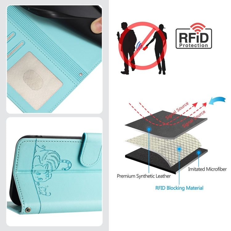 For Redmi K70 Ultra 5G Global Cat Rat Embossed Pattern RFID Leather Phone Case with Lanyard(Mint Green) - Xiaomi Cases by buy2fix | Online Shopping UK | buy2fix