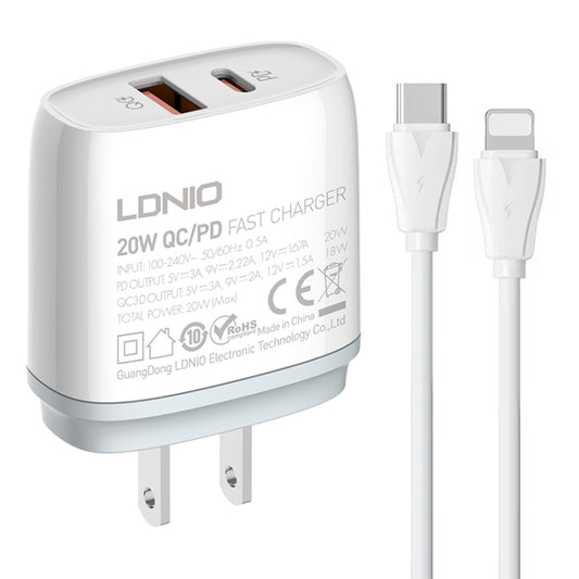 LDNIO Q229 QC3.0 / PD20W USB + Type-C Fast Charger with 1m Type-C to 8 Pin Cable, Plug Type:US Plug(White) - USB Charger by LDNIO | Online Shopping UK | buy2fix