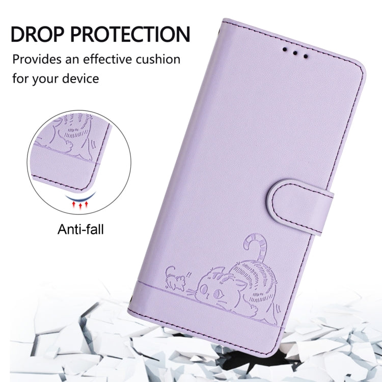 For Samsung Galaxy S25 5G Cat Rat Embossed RFID Leather Phone Case with Lanyard(Purple) - Galaxy S25 5G Cases by buy2fix | Online Shopping UK | buy2fix