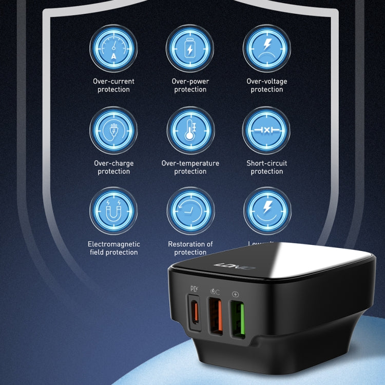 LDNIO Q334 32W Type-C + Dual USB Port Charger with 1m 8 Pin Data Cable, Plug Type:UK Plug(Black) - USB Charger by LDNIO | Online Shopping UK | buy2fix