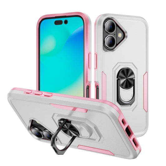 For iPhone 16 Pioneer Armor Heavy Duty PC + TPU Phone Case with Holder(White+Pink) - iPhone 16 Cases by buy2fix | Online Shopping UK | buy2fix