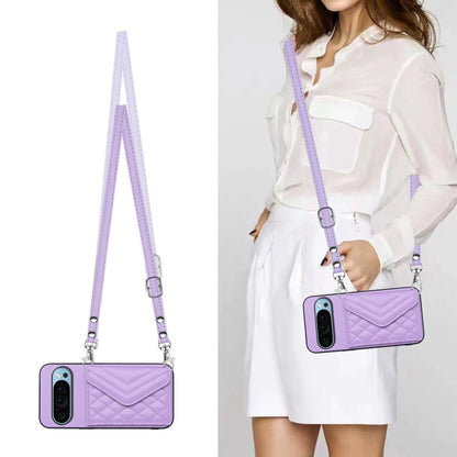 For Google Pixel 9 Pro XL Rhombic Texture Card Bag RFID Phone Case with Long Lanyard(Light Purple) - Google Cases by buy2fix | Online Shopping UK | buy2fix