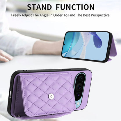 For Google Pixel 9 Pro XL Rhombic Texture Card Bag RFID Phone Case with Long Lanyard(Light Purple) - Google Cases by buy2fix | Online Shopping UK | buy2fix