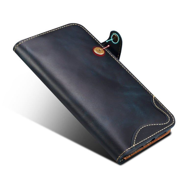 For iPhone 16 Plus Denior B01 Oil Wax Cowhide Magnetic Button Genuine Leather Case(Blue) - iPhone 16 Plus Cases by Denior | Online Shopping UK | buy2fix