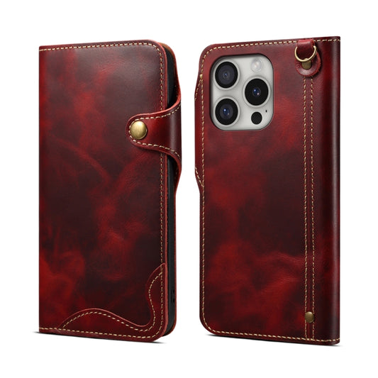 For iPhone 16 Pro Max Denior B01 Oil Wax Cowhide Magnetic Button Genuine Leather Case(Red) - iPhone 16 Pro Max Cases by Denior | Online Shopping UK | buy2fix