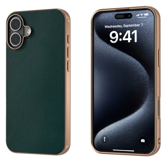 For iPhone 16 PU Leather Electroplating Frame Full Coverage Phone Case(Green) - iPhone 16 Cases by buy2fix | Online Shopping UK | buy2fix