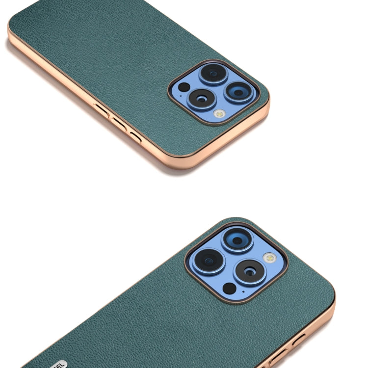 For iPhone 16 Pro ABEEL Electroplating Frame Genuine Leather Luolai Series Phone Case(Dark Green) - iPhone 16 Pro Cases by buy2fix | Online Shopping UK | buy2fix