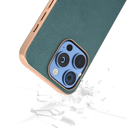 For iPhone 16 Pro ABEEL Electroplating Frame Genuine Leather Luolai Series Phone Case(Dark Green) - iPhone 16 Pro Cases by buy2fix | Online Shopping UK | buy2fix