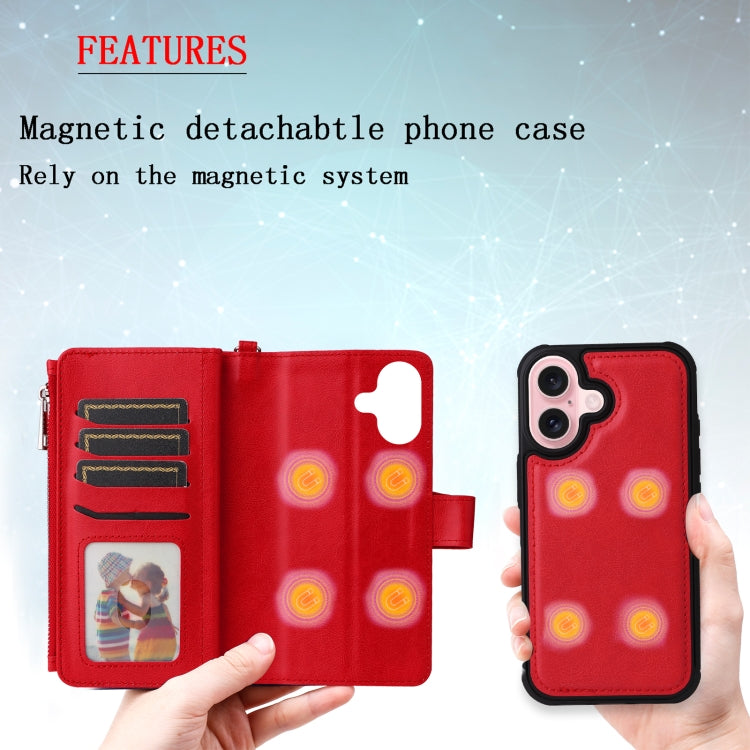 For iPhone 16 Solid Color 2 in 1 Zipper Shockproof Phone Case(Red) - iPhone 16 Cases by buy2fix | Online Shopping UK | buy2fix