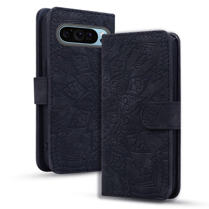 For Google Pixel 9 / 9 Pro Mandala Embossed Dual-Fold Calf Leather Phone Case(Black) - Google Cases by buy2fix | Online Shopping UK | buy2fix