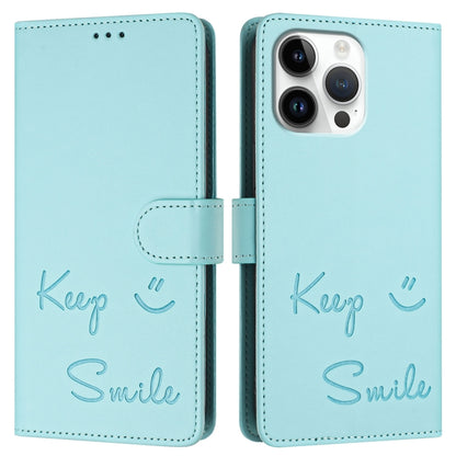 For iPhone 16 Pro Max Smile Embossing RFID Leather Phone Case(Mint Green) - iPhone 16 Pro Max Cases by buy2fix | Online Shopping UK | buy2fix