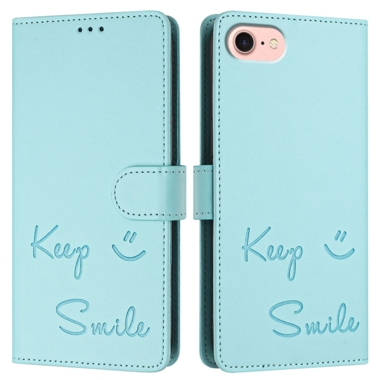 For iPhone SE 2024 Smile Embossing RFID Leather Phone Case(Mint Green) - More iPhone Cases by buy2fix | Online Shopping UK | buy2fix