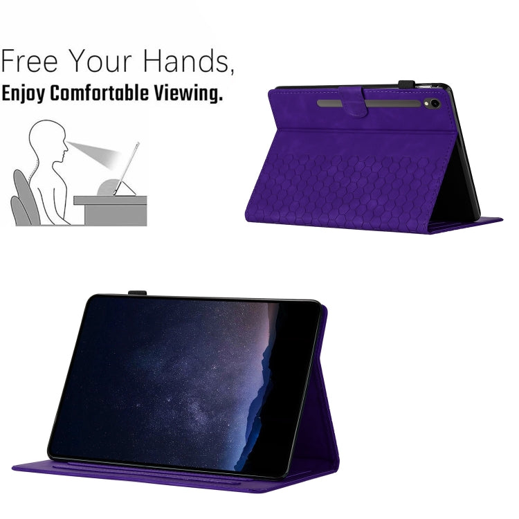 For Samsung Galaxy Tab S9 / S9 FE Honeycomb Embossed Leather Smart Tablet Case(Purple) - Galaxy Tab S9 Cases by buy2fix | Online Shopping UK | buy2fix